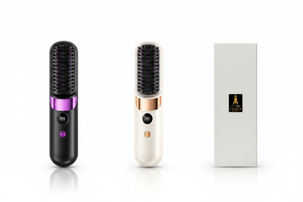 New black/purple and beige brushes with white Stock Rocket box on white background